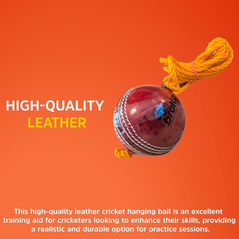 Bratla Hanging Cricket Ball with 10-Foot Cord | Leather Ball for Batting Practice & Hand-Eye Coordination | 5.5 oz Red Cricket Ball - Image 2